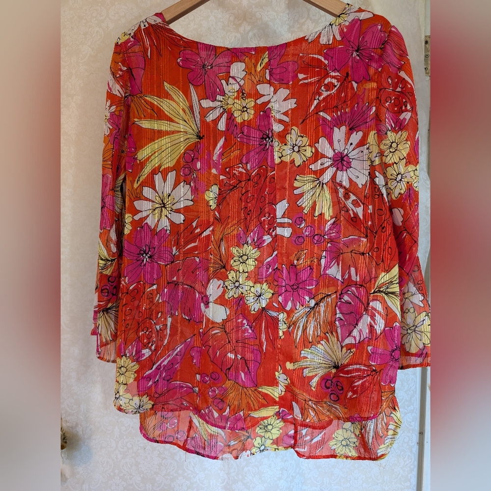 Sara Michelle Top Sz. Large Bright Orange Floral - Picture 11 of 16